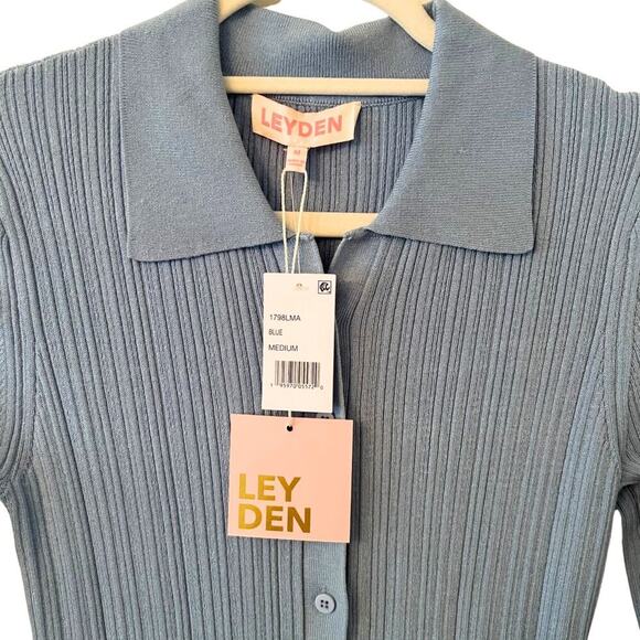 LEYDEN Blue Ribbed Knit Sweater Dress Size M Long Sleeve Collared Button Front - Picture 4 of 9